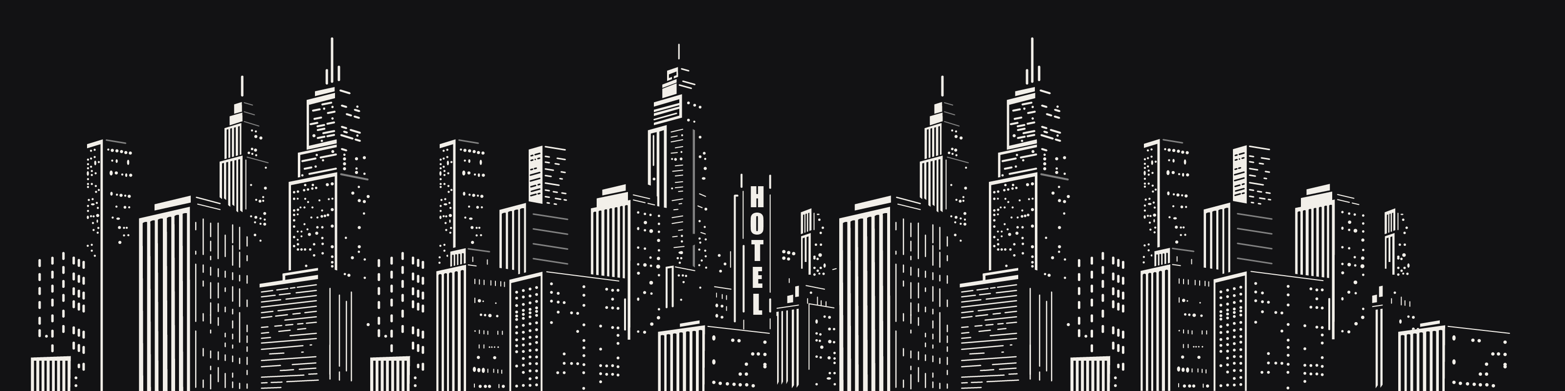 Illustration of a city skyline at night, in the rain